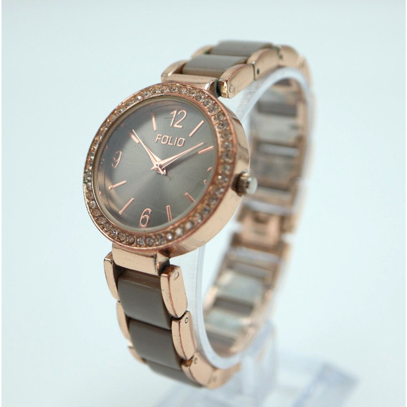 FOLIO Rose Gold Tone Womens Watch Gray Dial Bracelet Crystal Bezel w New Battery - Picture 1 of 16